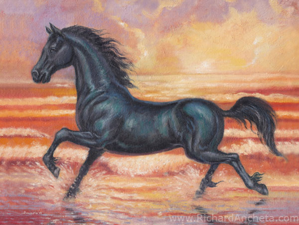Black friesian horse running at the seashore with the beautiful sunset seascape oil painting by Richard Ancheta.