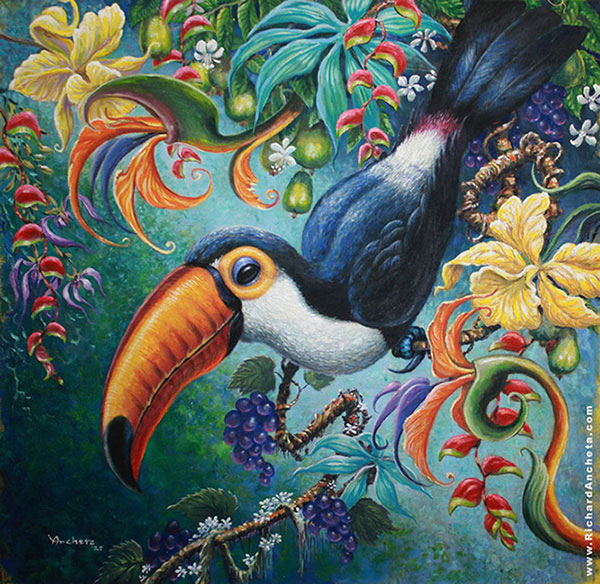 Toco toucan with large colorful bills of yellow orange, with spots of deep reds wine and black tipped, brightly marked with red triangles, the bill measures from 15.8 to 23 cm (6.2 to 9.1 in) in length, which is yellow-orange, tending to deeper reddish-orange on its lower sections and culmen, and with a black base and large spot on the tip. Total is 5565 cm (2226 in). Body weight from 500 to 876 g (1.1 to 1.93 lb. ), painting by Richard Ancheta.