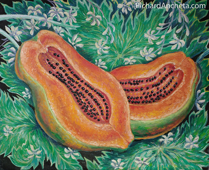 Sliced Papaya, leaves and flowers - oil painting on canvas by Richard Ancheta.