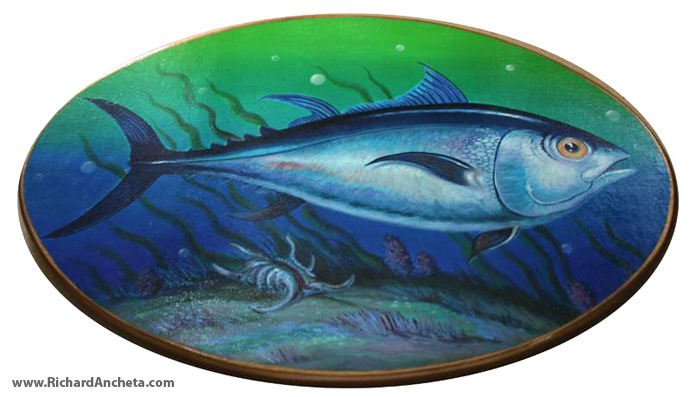 Tuna with large yellow eyes, reflector silver and black skin-scales with sharp backward-pointing spines, background decorations of sea weeds and corals - oil painting on wood by Richard Ancheta.