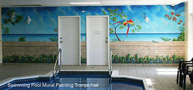 Swimming pool restrooms exit and entrance trompe loeil mural oil painting by Richard Ancheta - Montreal.
