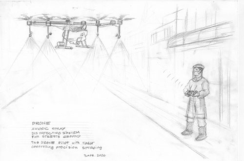 Drone and pilot disinfecting streets and roads.