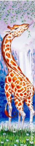 Giraffe of white skin with big patches of orange-brown color on its fur, background with violet waterfalls - green turf grass and white daisy flowers. Tall format painting - design decoration for columns, murals and narrow tall places - oil painting by Richard Ancheta.