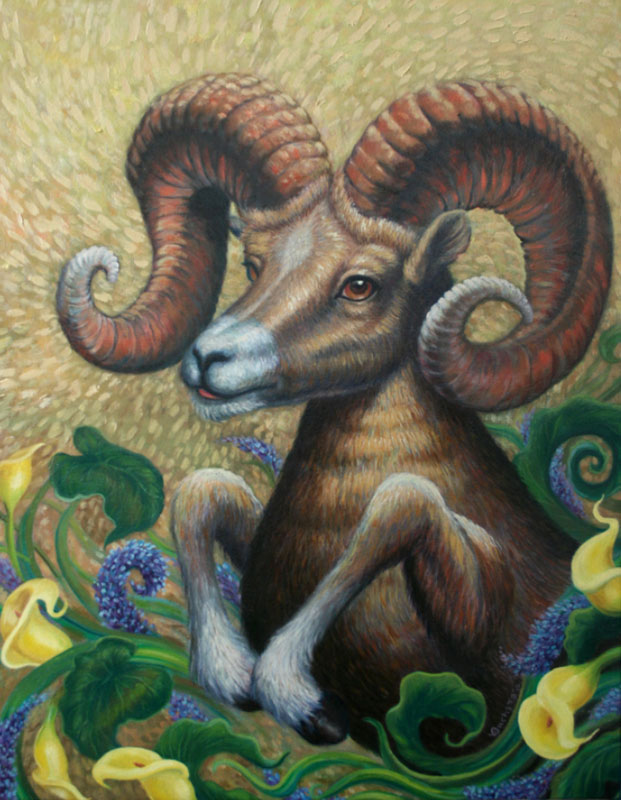 Bighorn sheep painting is a spiral rhythm composition, because of the distinguishing spiral horn that give its special feature of fractal design, decorated with foliage and calla lilies - oil painting by Richard Ancheta.