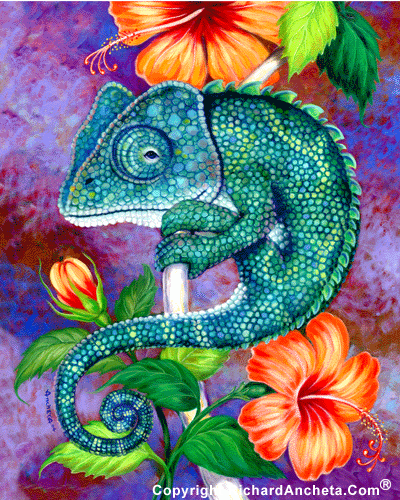 Chameleon with range of colors green-yellow-blues , lizards with hibiscus red flowers, green and violet background - tropical oil on painting by Richard Ancheta.