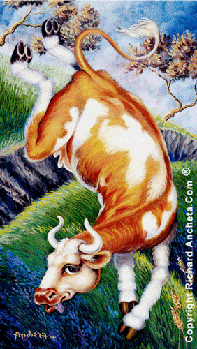 Cow oil painting with color golden brown and white - cattle crossing the border - oil painting by Richard Ancheta.