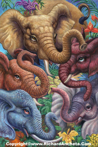 Five elephants of different colors of golden- beige, orange-brown, red brown, gray-blue, gray-pink with flower, orchids and vegetables.  Elephants rhythm painting composition, the slender intricate s-form of their noses traveling the rhythm lines pointing of recreating circling movement, giving the elephants to emphasis as the focal point, balancing the yellow colors of leaves and flower. The mammoth elephant gives a hairy, reddish brown appearance of their ancestors from the ice age. The baby elephant of gray-pink combination is an Asian elephant. The elephant with the color blue-gray gives the balance of the cool colors, the orange-brown elephant with textured skins is design with rhythm repeat pattern details - oil painting by Richard Ancheta.