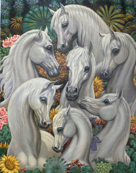 Seven white arabian horses decorated with sunflower, roses, grapes and palm leaves. Perfect for the interior of white and light greenish and bluish walls or any theme about equestrian oil painting by Richard Ancheta.