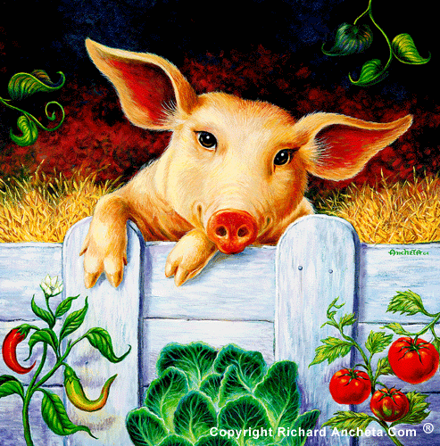Cute golden pig with large head and a long red snout hanging on a fence with vegetables chili pepper, cabbage and tomatoes in a square size format - oil painting by Richard Ancheta.