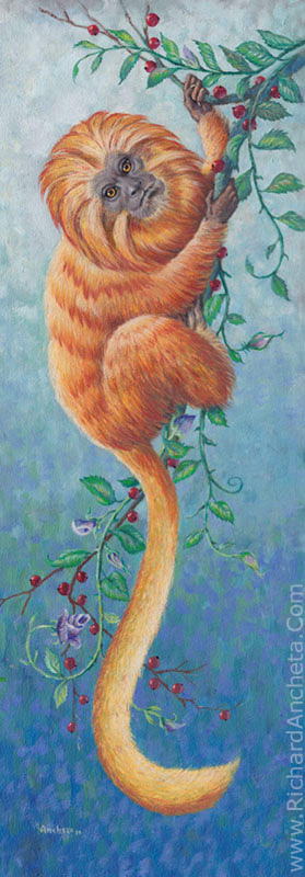Golden lion tamarin monkey, hanging on the branches with cherries and vine roses. Tall format painting - design decoration for columns, murals and narrow tall places, oil painting by Richard Ancheta.