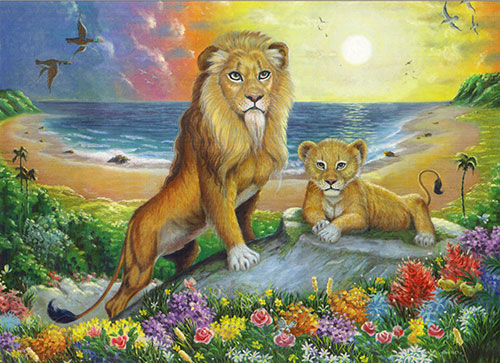 Lion and cub with golden beige colors, white chin and paws, background with seascape, bright sun and different kinds of flowers - oil painting Richard Ancheta.