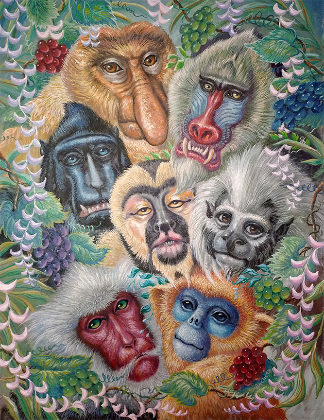 Decorative Art Monkeys - seven monkeys of Proboscis monkey, Mandrill, Crested black macaque, Gibbon monkey, Marmoset monkey, Japanese macaque, Golden snubed-nosed monkey with grapes decoration and hanging flowers, oil painting on canvas by Richard Ancheta.