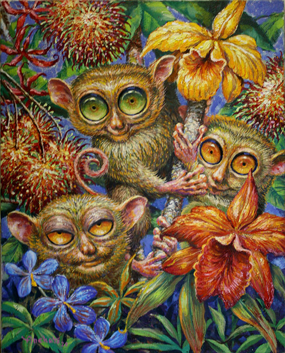 Tarsier art, monkey hanging on the branches with red rambutan fruits, decorated with leaves and flower orchids, oil painting on canvas. Oil painting by Richard Ancheta.