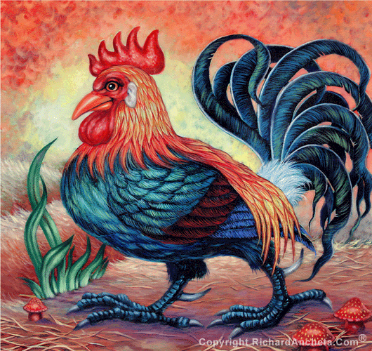 Rooster with black, blue-turquoise shinny feathers, red face with golden-orange head and coat feathers, textured backgrouds with red mushrooms - oil painting on canvas by Richard Ancheta.