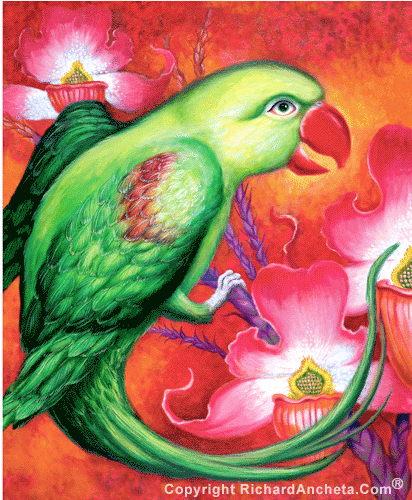 Parrot with green feathers, red curved bill and clawed zygodactyl feet. Decorated with red orchids and textured backgrounds - oil painting by Richard Ancheta.