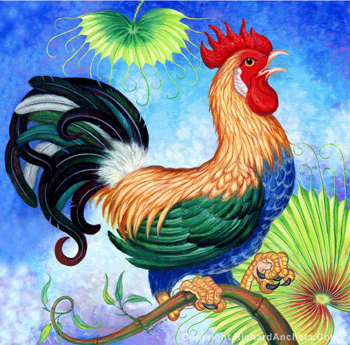 Dutch bantam rooster with color gold feathers & feet, green wings, blue chest, black tails, red face, cockscomb and wattle - decorated with palm rounded leaves and bamboo - oil painting by Richard Ancheta.