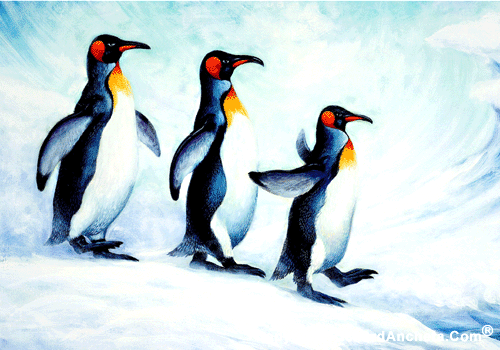 Three penguins with black gray silky hairs, red beak and temple, yellow on the chest, marching on the icy snow - oil painting by Richard Ancheta.