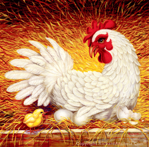 Chicken with white feathers & red face, hatching eggs in hays with yellow chick finds a red worm - oil painting by Richard Ancheta.