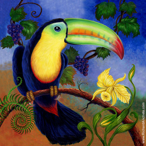 Toucan with large colorful bills of yellow greens, with spots of orange and red tipped, brightly marked with blue triangles, colored chest with bright yellow apron and shinny black-blue feathers, decorated with yellow orchids, ferns and vine of grape violet fruits, background textured of blues and blends to bronze-orange - oil painting by Richard Ancheta.