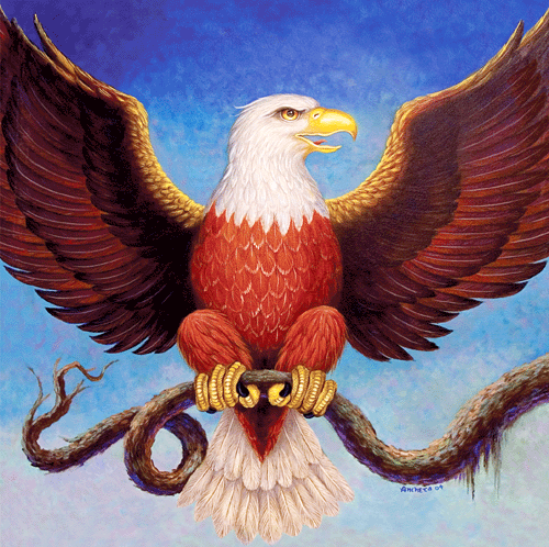Bald eagle with red brown feathers, white face and tails, with golden beak and feet, spreading wings in a braches - oil painting by Richard Ancheta.