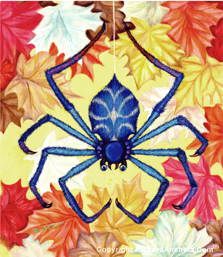 Spider with hairs of dark & light blue, withdesign of white diamond sripes at the back, hanging with spider silk, backgrounds with colorful mapple leaves - oil painting by Richard Ancheta.
