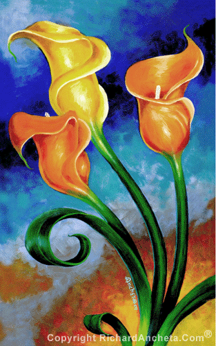 
Three calla lilies with trumpet shaped, two red orange and a yellow, spiral composition - oil painting by Richard Ancheta.
