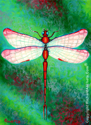 Dragonfly with red elongated body, large multifaceted blue eyes, two pairs of transparent wings with pink coloration, backround with textures brush strokes of red and greens - acrylic painting by Richard Ancheta.