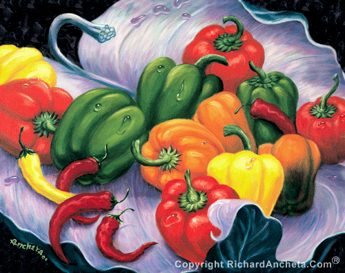 Bell pepper and chili peppers of orange, red, yellow and green laid in a  taro leaves - oil painting on canvas by Richard Ancheta.