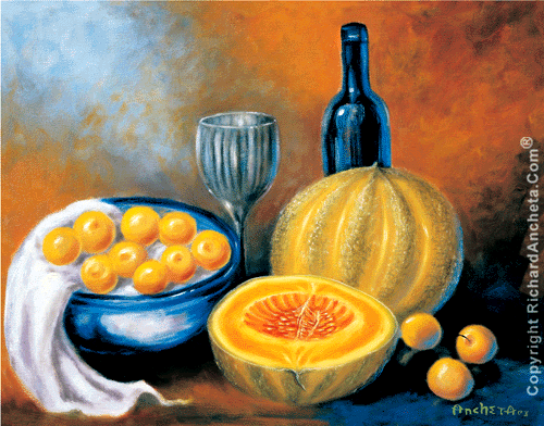 Plum and cantaloupe still life painting with bottle and chalice, triangle composition - oil painting on canvas by Richard Ancheta.