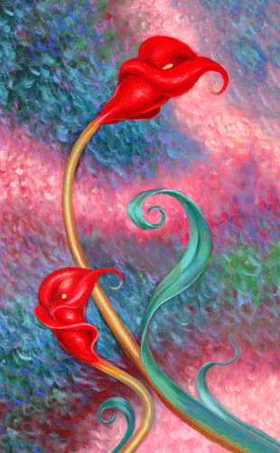 Two calla lilies with trumpet shaped, red colors of spiral composition, textured backgrounds of pink and torquiose - oil painting on canvas by Richard Ancheta.