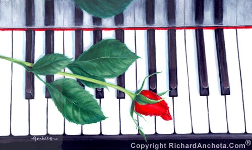 Bud of rose flower with green leaves on piano, black-white-red-greens color harmonies, rhythm composition - oil painting on canvas in rectangle landscape format by Richard Ancheta.