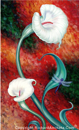 Two white calla lilies with trumpet shaped, painted with blue dragonfly, spiral composition - oil painting by Richard Ancheta.