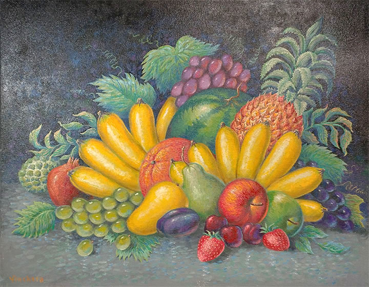 Bananas, watermelon, pineapple, pear, strawberries, apples, grapes, mango, plum, sugar-apple, red-berries and pomegranate - oil painting on canvas by Richard Ancheta.
