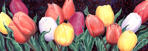 Tulip bulbs with orange, fuchsia, yellow and white, rhythm with long green leaves - oil painting on canvas by Richard Ancheta.