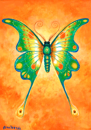 Butterfly mariposa shape of green-yellow spotted with yellow and orange, bordered with tiny white dots decorated on the two pairs of wings, with the long two tails of tear-drop-shape has an orange eye - background with orange and yellow textures - acrylic painting by Richard Ancheta.