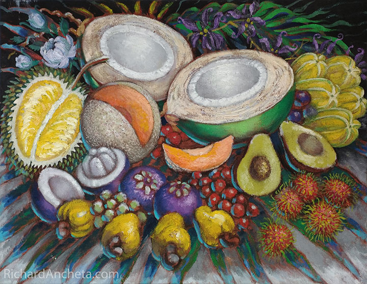 Coconut, durian, cantaloupe, avocado, cashew, mangosteen, rambutan, red-berries, carambola, oil painting on canvas by Richard Ancheta.