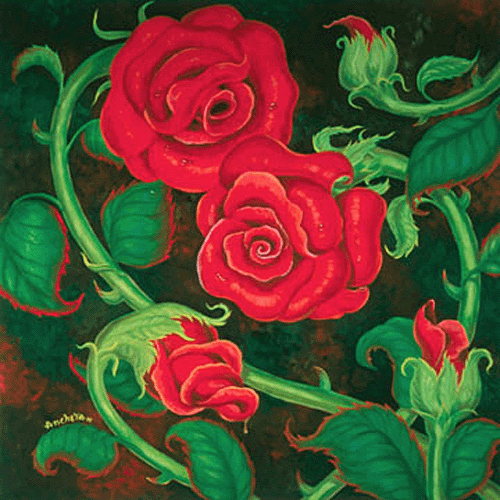 Giant red roses with super long stem, harmonies with greens, heart shape composition - oil painting on canvas in square format by Richard Ancheta.