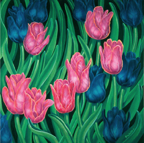 Tulips with fuchsia and dark blue bulbs, rhythm with long green leaves - oil painting on canvas by Richard Ancheta.