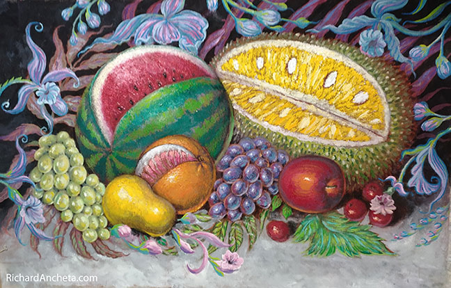  Watermelon, jackfruit, green grapes, red grapes, pear, apple, grapefruit, cherry and orchids - oil painting on canvas by Richard Ancheta.