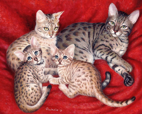 Bengal cats family with male beige grayish brown, female golden beige and two kittens with red textite - oil painting by Richard Ancheta.