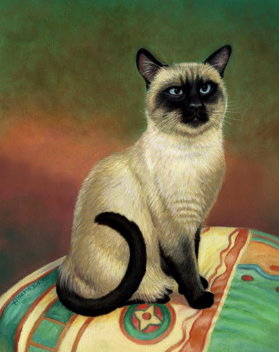 Siamese cat old style with golden beige fur, black mask face, ears, tails and socks, laying on a pillow - oil painting by Richard Ancheta.