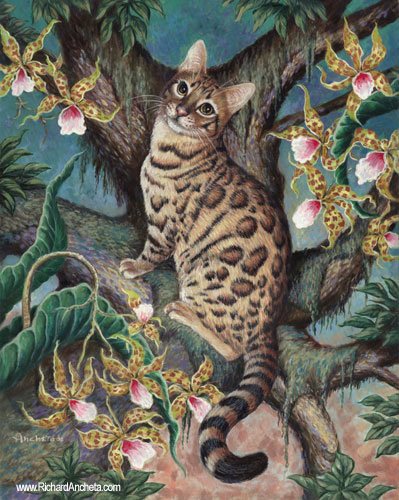 Bengal cat on a tree decorated with tiger orchids - oil painting by Richard Ancheta.