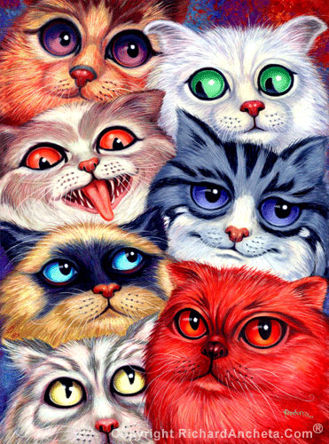 Seven cats of different breeds and design with big wide eyes, with colors of red, pink, golden-yellow, gray, white, brown and red-orange, cat show oil painting on canvas - oil painting by Richard Ancheta.