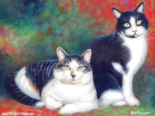 Two tabby cats with black and white furs, with painted of red and green textured background - oil painting by Richard Ancheta.