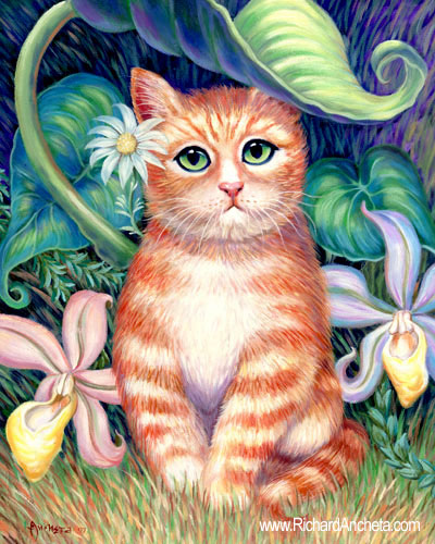 Flower Cat - red tabby with orchids and flowers, taro leaves and grases, oil painting by Richard Ancheta.