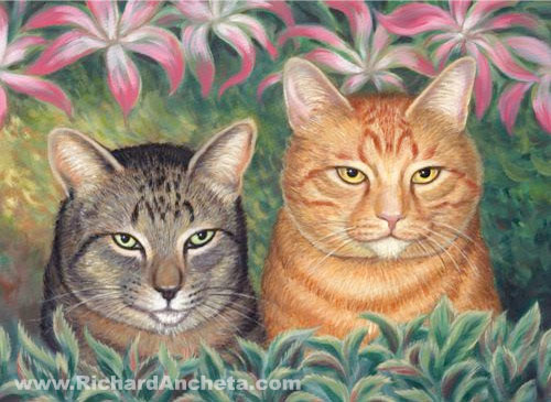 Two tabby cats with black-gray and gold-beige furs, with painted of pick orchids and green textured background - oil painting by Richard Ancheta.