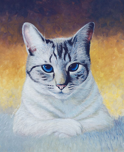 Tabby cat with white furs, blue eyes, front profile, with painted yellow textured background - oil painting by Richard Ancheta.