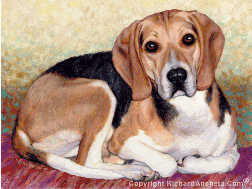 Beagle painting with brown, black and white hairs by Richard Ancheta.