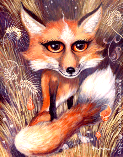 Fox painting with wide big eyes and deep brown orange fur decorated with flowers in a wheat and grass garden, oil painting by Richard Ancheta.