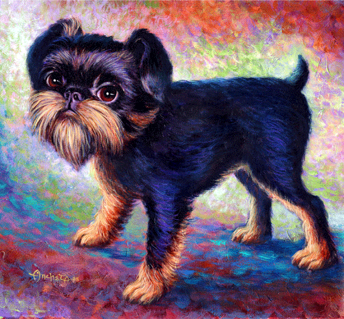 Black brussels griffon, standing side view profile, dog with black silky shinny hairs and golden brown chest,  painting by Richard Ancheta.